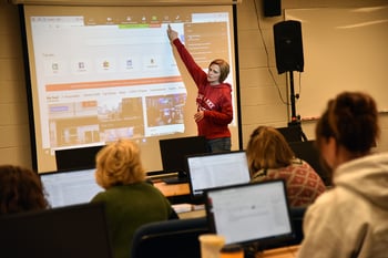 Shari Carpenter presents at a faculty meeting Monday morning on campus. The college is moving forward with an online format to increase social distancing and mitigate the potential spread of COVID-19 Coronavirus.