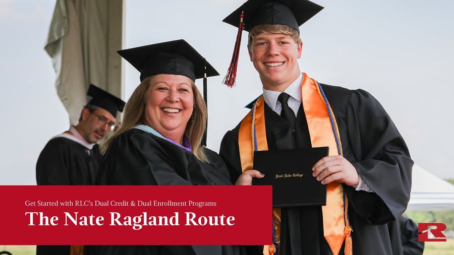 Nate Ragland, smiling broadly in a black graduation cap, gown, and bright orange stole, holds his Rend Lake College diploma cover while standing beside a smiling college official. A red banner at the bottom left reads, "Get Started with RLC's Dual Credit & Dual Enrollment Programs: The Nate Ragland Route."