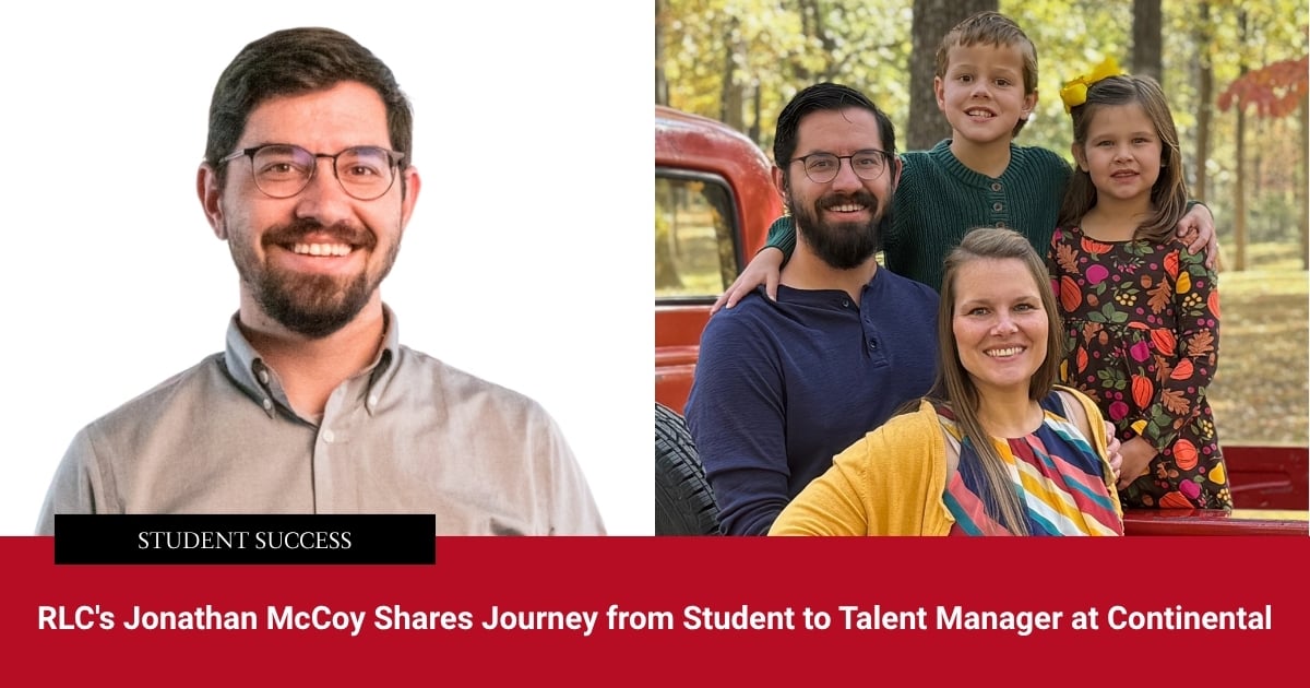 A graphic featuring Rend Lake College alumnus Jonathan McCoy. On the left is a professional headshot of McCoy smiling in glasses and a button-down shirt above a black tag reading "STUDENT SUCCESS". On the right is a photo of McCoy outdoors with his wife and two young children posing near a red vehicle. A red banner at the bottom reads "RLC's Jonathan McCoy Shares Journey from Student to Talent Manager at Continental".