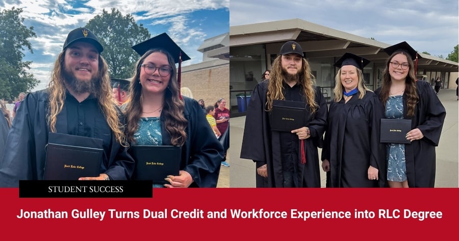A composite marketing graphic featuring a student success story. The graphic has two side-by-side outdoor photographs. The left photograph is the medium close-up of the two smiling graduates with their diploma covers from image_0.png. The right photograph shows the same two graduates on the steps of a building, joined by a third woman in a black gown with a blue stole, also holding a diploma cover, all smiling. Across the bottom of the composite, on a dark red and black banner, text reads "STUDENT SUCCESS" followed by "Jonathan Gulley Turns Dual Credit and Workforce Momentum into RLC Degree."