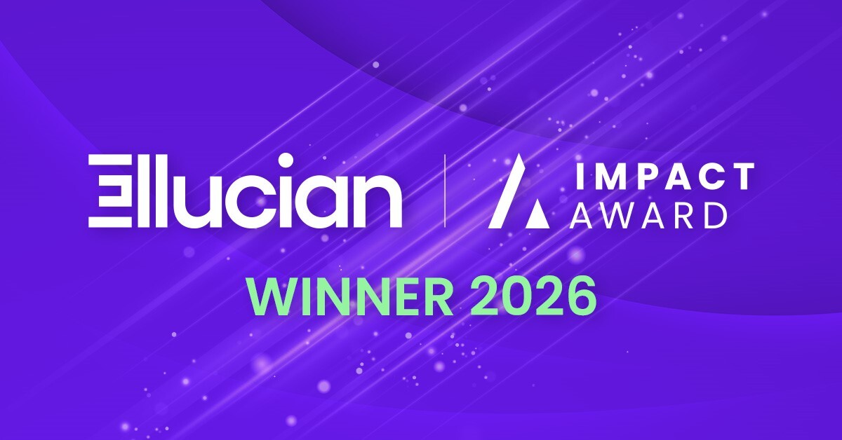 An official digital badge for the 2026 Ellucian Impact Award. The graphic features a vibrant purple background with diagonal streaks of light and glowing particles. On the left is the white Ellucian logo, separated by a vertical line from the "Impact Award" logo on the right. Centered at the bottom, the words "WINNER 2026" are displayed in a bold, light green font.