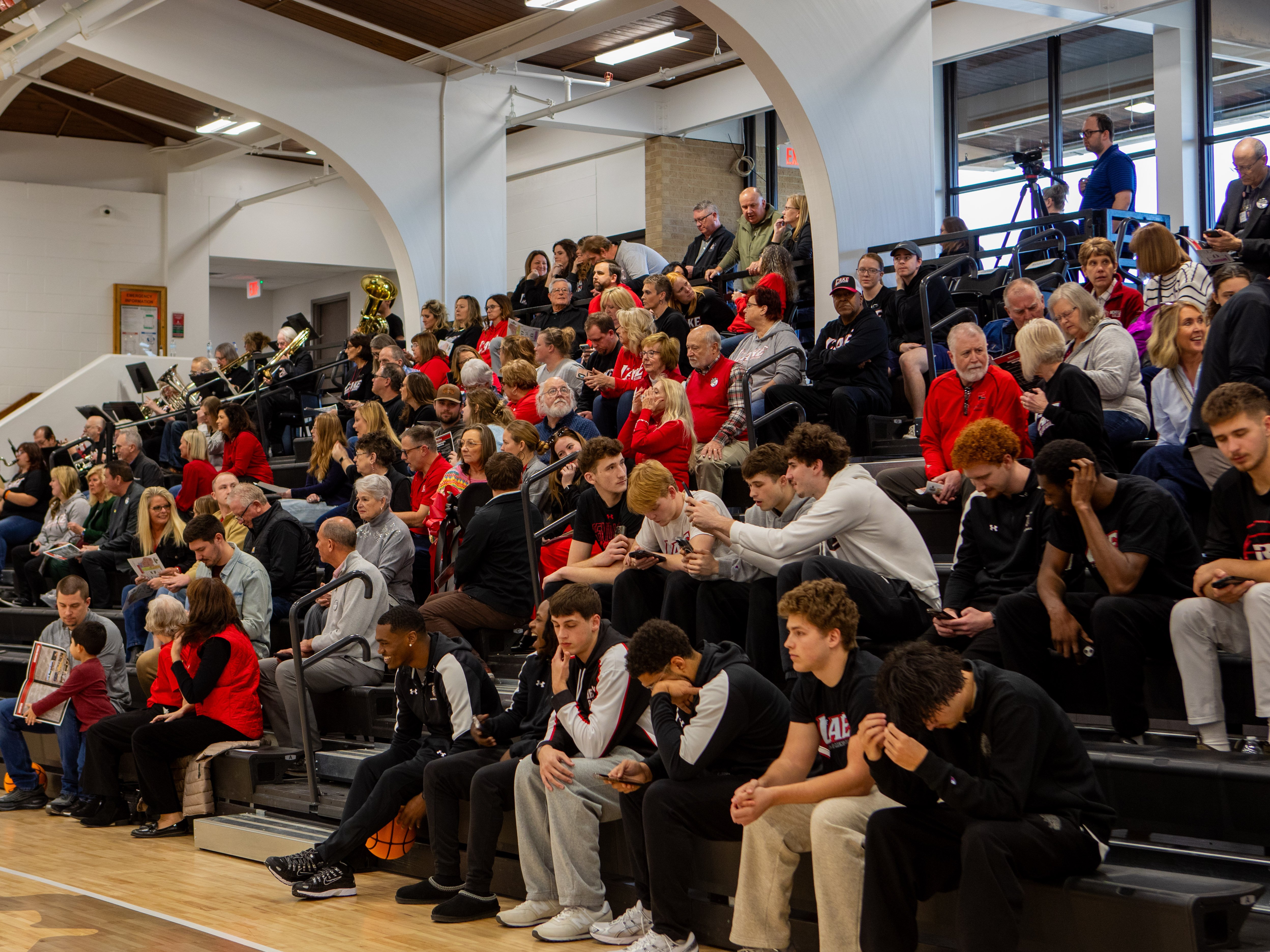 A large crowd of attendees fills the bleachers during the Banterra Sports Complex ribbon-cutting ceremony at Rend Lake College.