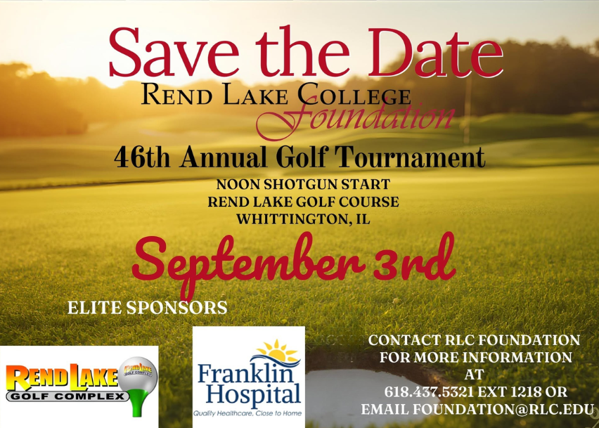 A Save the Date graphic for the Rend Lake College Foundation's 46th Annual Golf Tournament. The background features a sunlit golf course. Text announces the event will be held on September 3 at the Rend Lake Golf Course in Whittington, Illinois, with a noon shotgun start. Elite sponsors shown are Rend Lake Golf Complex and Franklin Hospital. Contact information for the RLC Foundation is provided: 618-437-5321 ext. 1218 or foundation@rlc.edu for more information.