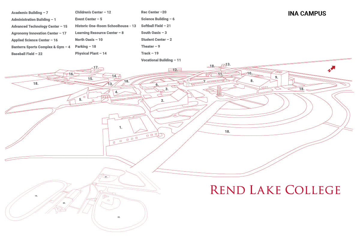 Illustrated campus map of Rend Lake College's Ina Campus showing numbered buildings, athletic facilities, parking areas, and key campus landmarks.