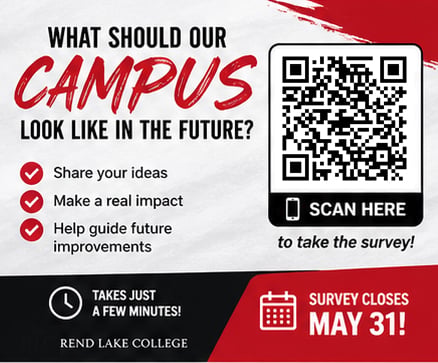 Graphic promoting a campus survey with the headline “What should our campus look like in the future?” Includes a QR code labeled “Scan here to take the survey.” Bullet points read: “Share your ideas,” “Make a real impact,” and “Help guide future improvements.” Footer notes: “Takes just a few minutes!” and “Survey closes May 31.” Rend Lake College branding appears at the bottom.