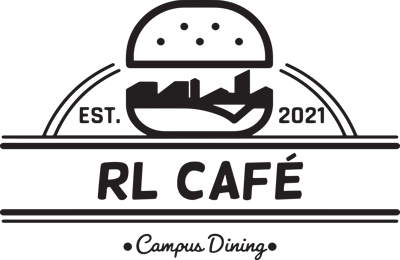 A black and white logo featuring a stylized burger with a cityscape silhouette inside, flanked by the text "EST." and "2021", above the text "RL CAFÉ" and "• Campus Dining •".