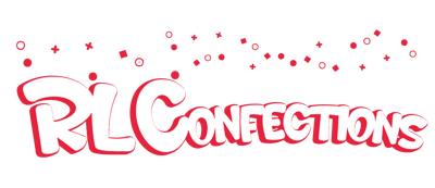 A red and white logo with the text "RL CONFECTIONS" in a playful, bubbly font, decorated with scattered small red shapes and circles above the letters.