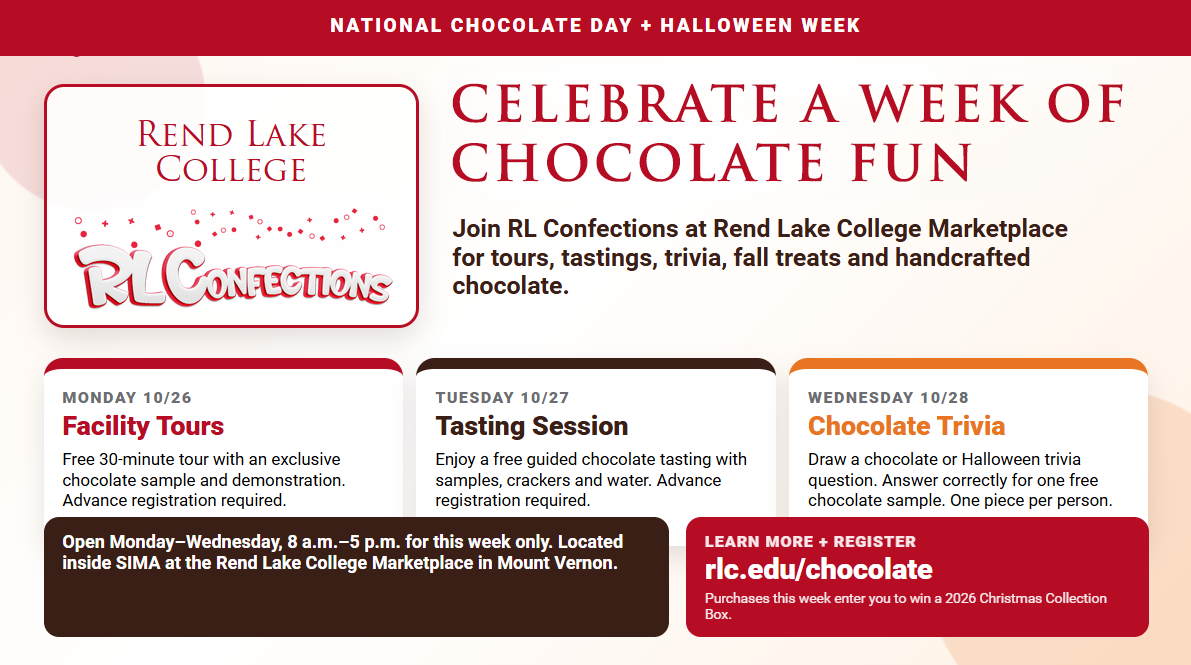 graphic promoting RL Confections facility tours, tasting session and chocolate trivia for national chocolate day and halloween week