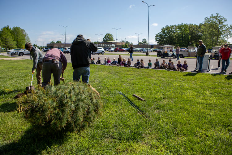 A group of young children from the RLC Foundation Children's Center sit in a neat line along the edge of a parking lot, watching three members of the RLC grounds crew dig a hole and prepare to plant a pine tree on the campus lawn. Staff members stand nearby under a clear blue sky.