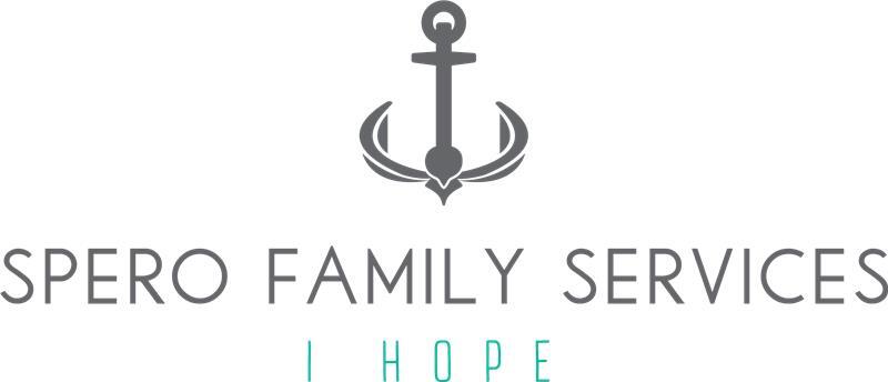 Logo for Spero Family Services on a white background. At the top is a grey stylized anchor emblem cradled by curved wings or hands. Below the emblem, the text reads "SPERO FAMILY SERVICES" in uppercase grey sans-serif lettering, followed by the tagline "I HOPE" centered underneath in turquoise uppercase letters.
